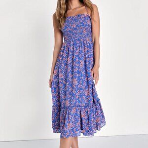 Lulu's Precious Personality Blue Floral Smocked Backless Midi Dress Sz Medium